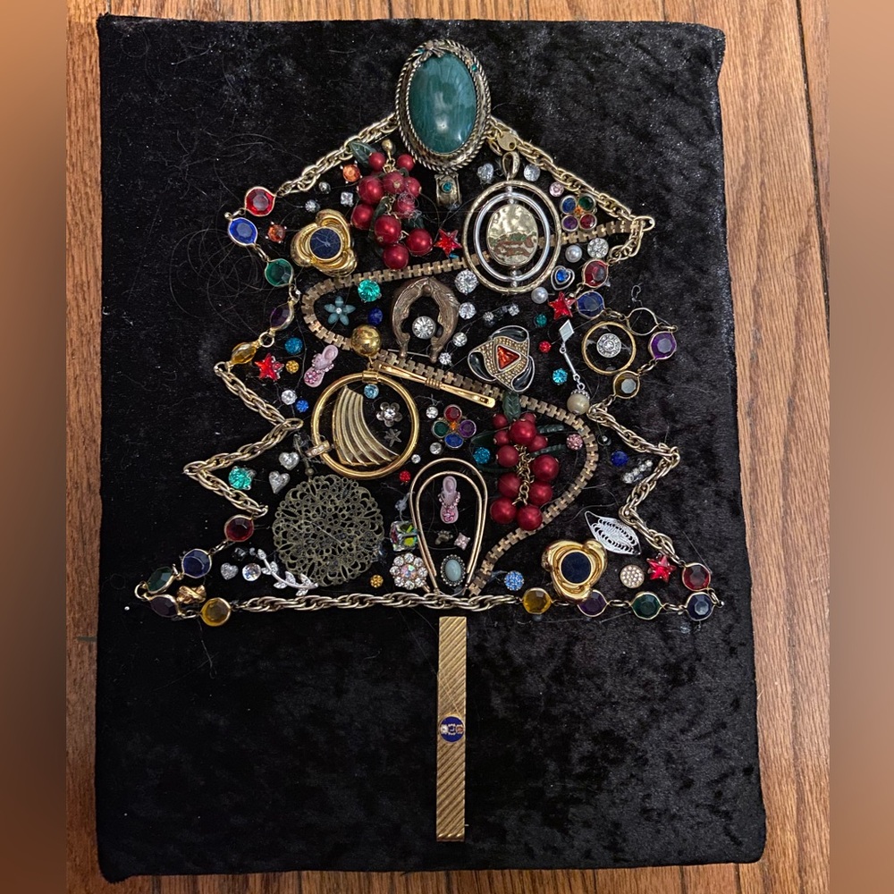 OOAK Handmade Vintage & Modern Costume Jewelry Christmas Tree Mosaic Art.